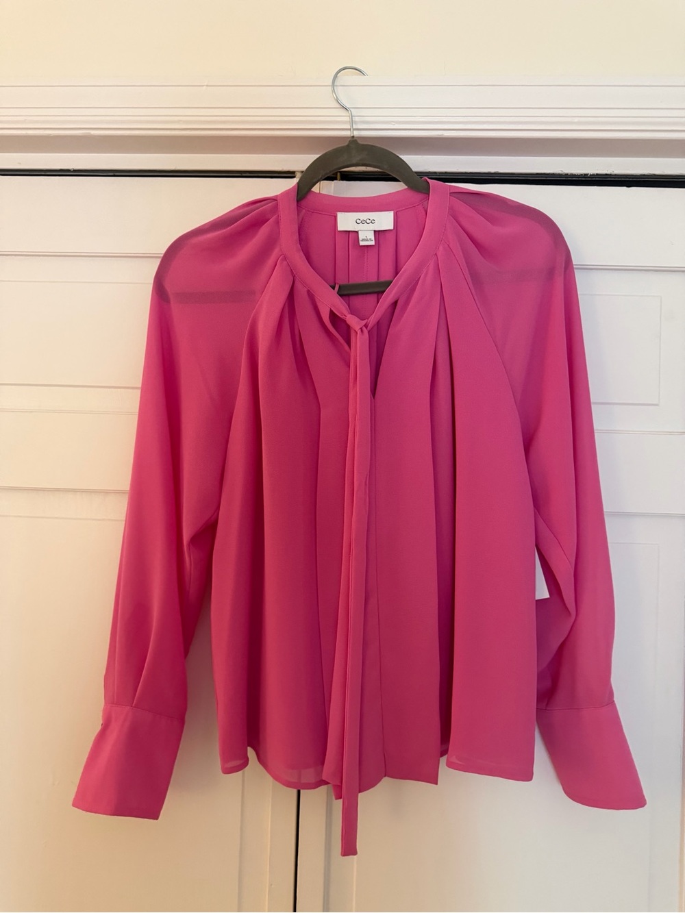 CeCe Fuchsia Tie-Neck Long Sleeve Blouse